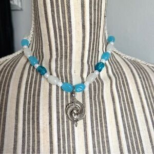 Handmade Beaded Necklace Blue & White Beads Silver Tone Pisces Fish Pendant